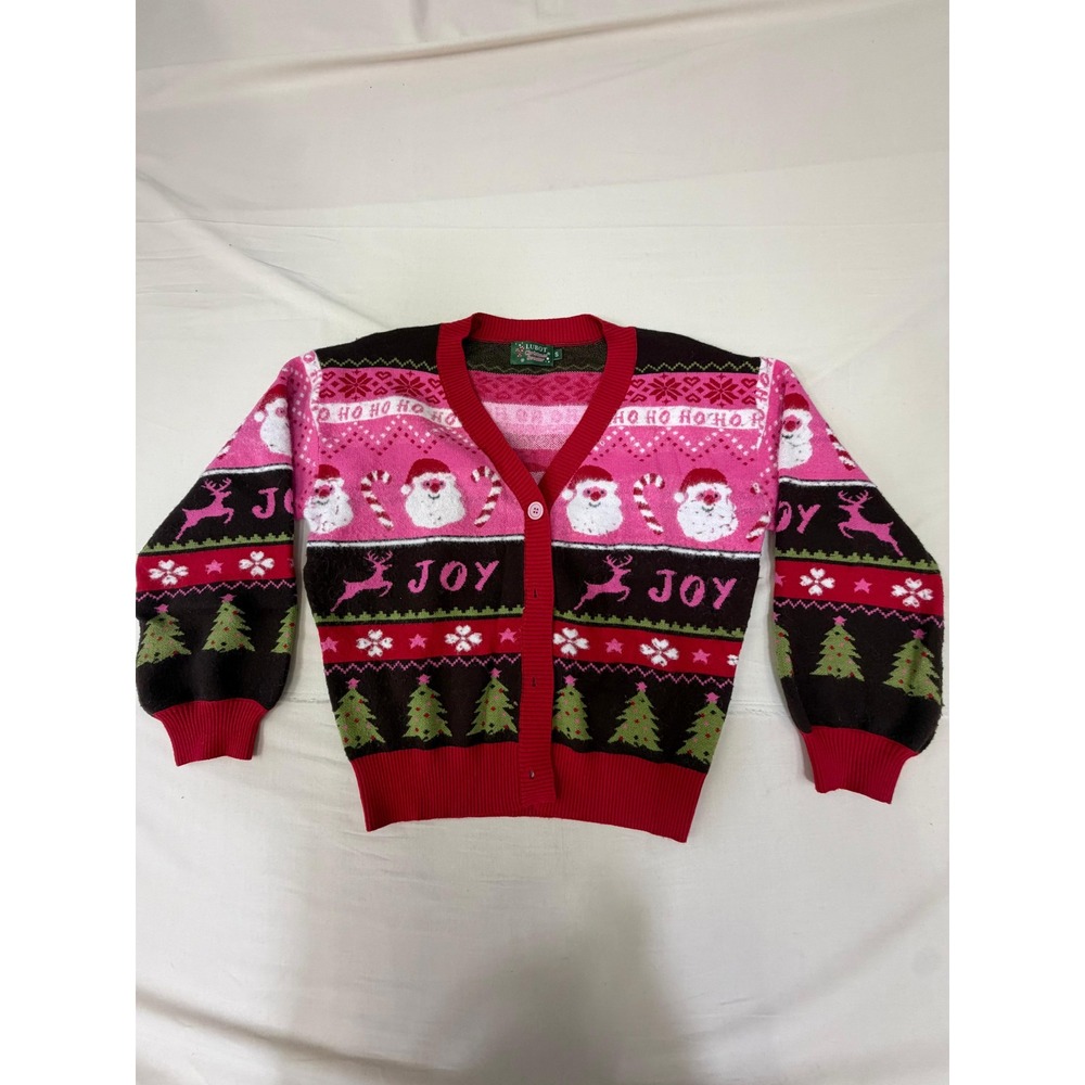 Lubot Womens Pink Santa Joy Fair Isle Ugly Christmas Sweater Cardigan Small